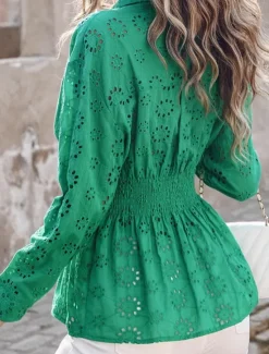 Discount Women's Elegant Lace Tops Eyelet Blouse Casual Solid Color Regular Tops Long Sleeve Shirt Collar Buttons Eyelet Regular Fit Daily Romantic Petite Tops Summer Holiday Wear Women Lace Tops