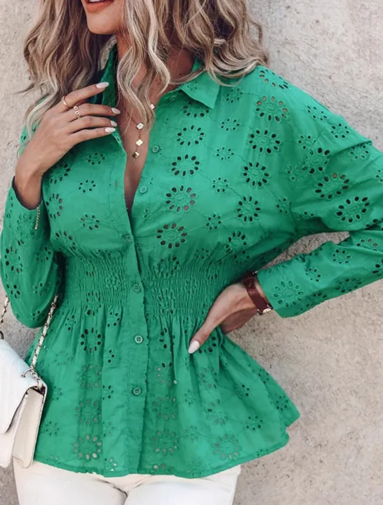 Discount Women's Elegant Lace Tops Eyelet Blouse Casual Solid Color Regular Tops Long Sleeve Shirt Collar Buttons Eyelet Regular Fit Daily Romantic Petite Tops Summer Holiday Wear Women Lace Tops