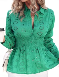 Discount Women's Elegant Lace Tops Eyelet Blouse Casual Solid Color Regular Tops Long Sleeve Shirt Collar Buttons Eyelet Regular Fit Daily Romantic Petite Tops Summer Holiday Wear Women Lace Tops