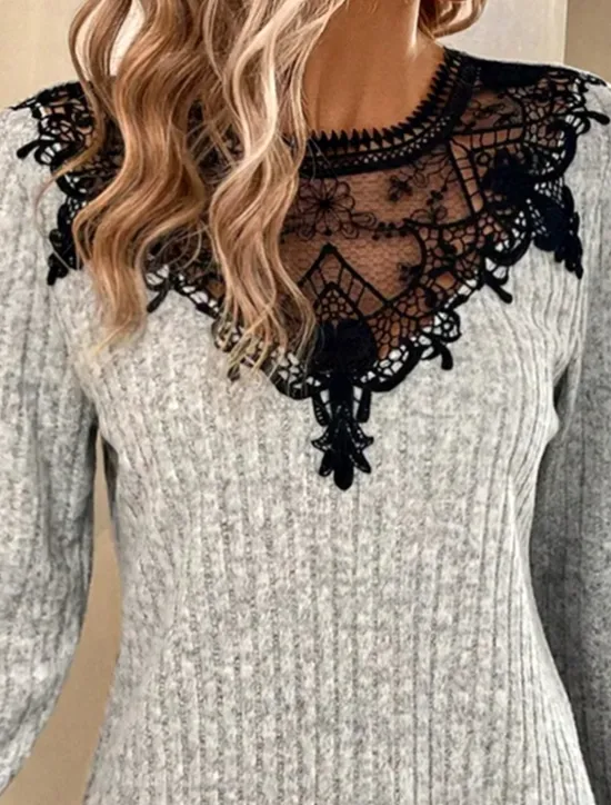 Outlet Women's Elegant Lace Tops Eyelet Blouse Stylish Solid Color Plain Regular Tops Long Sleeve Crew Neck Lace Patchwork Regular Fit Daily Romantic Petite Tops Summer Holiday Wear Spring Fall Women Lace Tops
