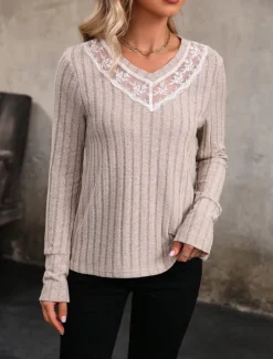 Online Women's Elegant Lace Tops Eyelet Blouse Casual Solid Color Regular Tops Long Sleeve V Neck Lace Patchwork Regular Fit Daily Romantic Petite Tops Summer Holiday Wear Semi Formal Blouses Women Lace Tops
