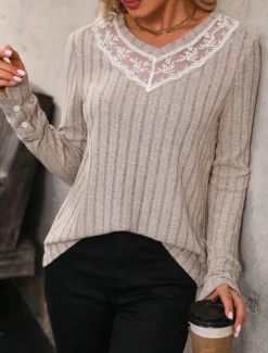 Online Women's Elegant Lace Tops Eyelet Blouse Casual Solid Color Regular Tops Long Sleeve V Neck Lace Patchwork Regular Fit Daily Romantic Petite Tops Summer Holiday Wear Semi Formal Blouses Women Lace Tops