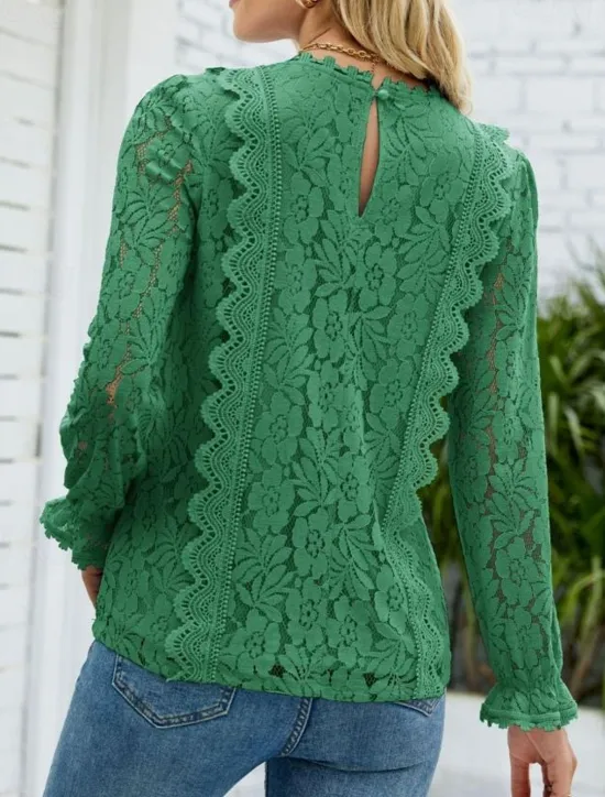 Hot Women's Elegant Lace Tops Eyelet Blouse Elegant Solid Color Lace Eyelet Lantern Sleeve Long Sleeve V Neck Daily Romantic Petite Tops Summer Holiday Wear Pink Sky Blue Green Beige Summer Women Lace Tops