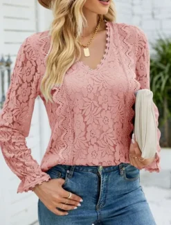 Hot Women's Elegant Lace Tops Eyelet Blouse Elegant Solid Color Lace Eyelet Lantern Sleeve Long Sleeve V Neck Daily Romantic Petite Tops Summer Holiday Wear Pink Sky Blue Green Beige Summer Women Lace Tops