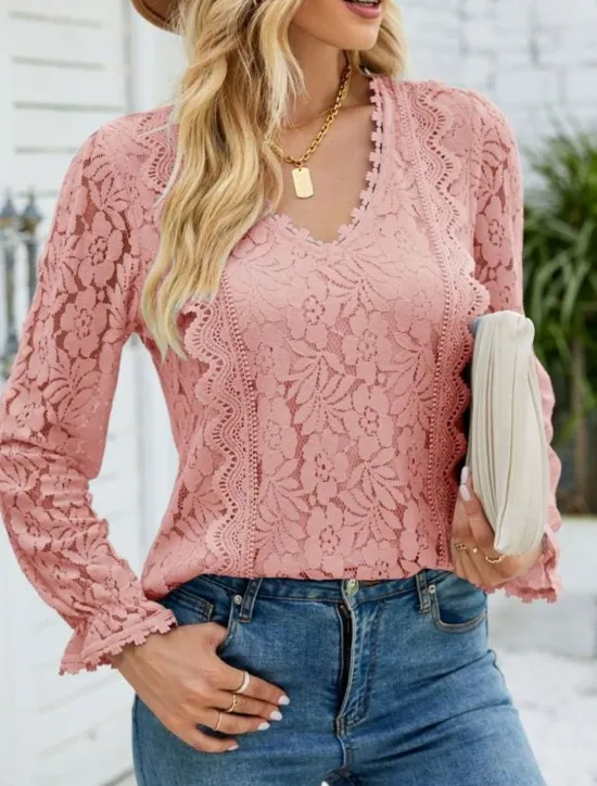 Hot Women's Elegant Lace Tops Eyelet Blouse Elegant Solid Color Lace Eyelet Lantern Sleeve Long Sleeve V Neck Daily Romantic Petite Tops Summer Holiday Wear Pink Sky Blue Green Beige Summer Women Lace Tops