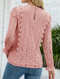Hot Women's Elegant Lace Tops Eyelet Blouse Elegant Solid Color Lace Eyelet Lantern Sleeve Long Sleeve V Neck Daily Romantic Petite Tops Summer Holiday Wear Pink Sky Blue Green Beige Summer Women Lace Tops