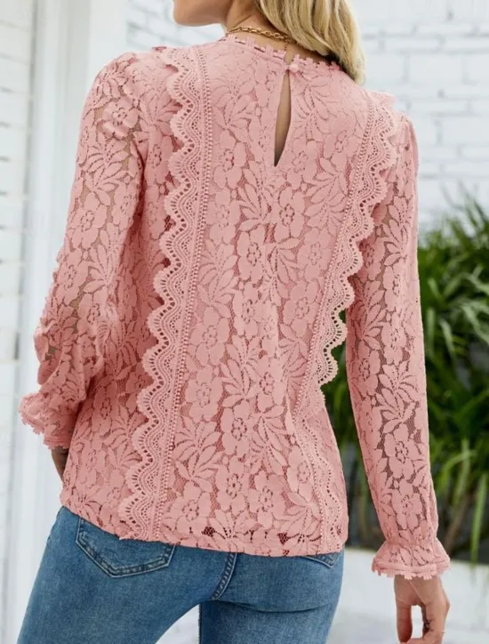 Hot Women's Elegant Lace Tops Eyelet Blouse Elegant Solid Color Lace Eyelet Lantern Sleeve Long Sleeve V Neck Daily Romantic Petite Tops Summer Holiday Wear Pink Sky Blue Green Beige Summer Women Lace Tops