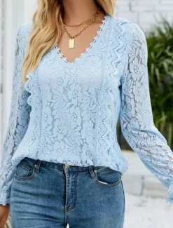Hot Women's Elegant Lace Tops Eyelet Blouse Elegant Solid Color Lace Eyelet Lantern Sleeve Long Sleeve V Neck Daily Romantic Petite Tops Summer Holiday Wear Pink Sky Blue Green Beige Summer Women Lace Tops
