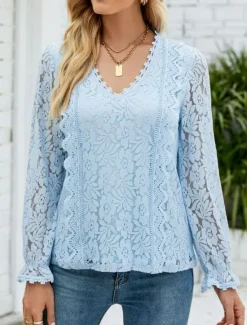 Hot Women's Elegant Lace Tops Eyelet Blouse Elegant Solid Color Lace Eyelet Lantern Sleeve Long Sleeve V Neck Daily Romantic Petite Tops Summer Holiday Wear Pink Sky Blue Green Beige Summer Women Lace Tops