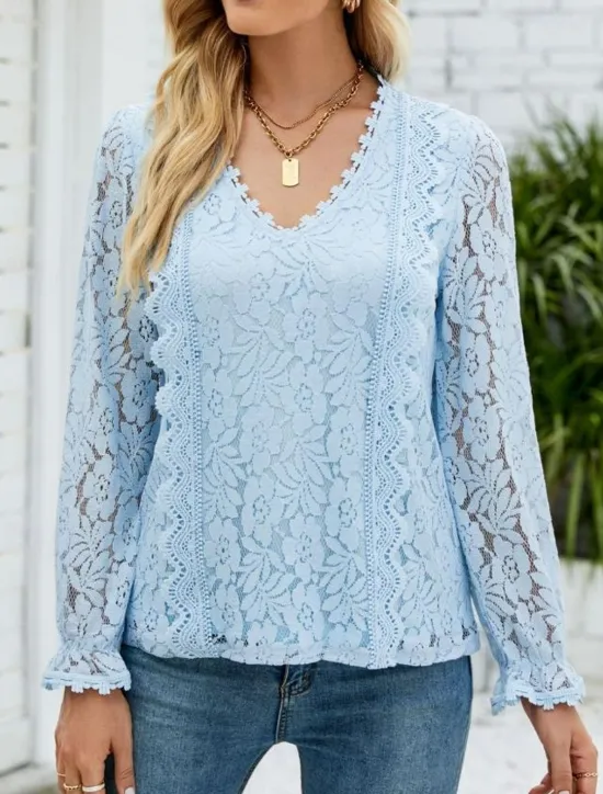 Hot Women's Elegant Lace Tops Eyelet Blouse Elegant Solid Color Lace Eyelet Lantern Sleeve Long Sleeve V Neck Daily Romantic Petite Tops Summer Holiday Wear Pink Sky Blue Green Beige Summer Women Lace Tops