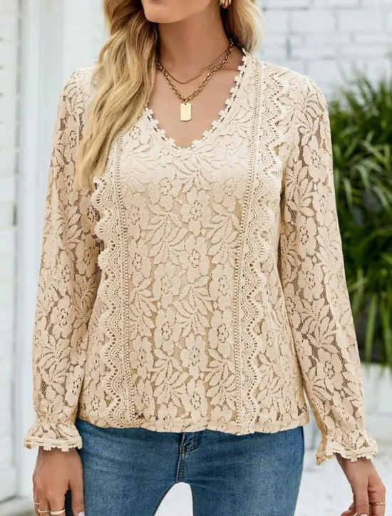 Hot Women's Elegant Lace Tops Eyelet Blouse Elegant Solid Color Lace Eyelet Lantern Sleeve Long Sleeve V Neck Daily Romantic Petite Tops Summer Holiday Wear Pink Sky Blue Green Beige Summer Women Lace Tops