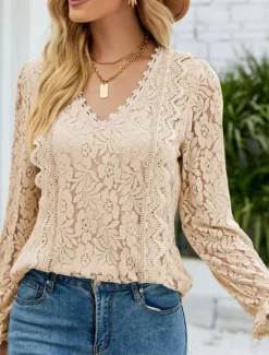 Hot Women's Elegant Lace Tops Eyelet Blouse Elegant Solid Color Lace Eyelet Lantern Sleeve Long Sleeve V Neck Daily Romantic Petite Tops Summer Holiday Wear Pink Sky Blue Green Beige Summer Women Lace Tops
