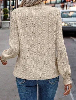 Online Women's Elegant Lace Tops Eyelet Blouse Casual Lace Long Sleeve Regular Tops Turtleneck Daily Romantic Petite Tops Summer Holiday Wear Black Blue Green Beige Spring Fall Women Lace Tops