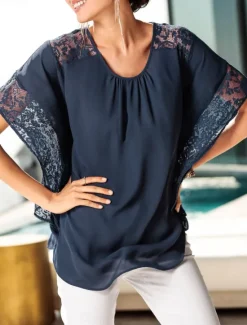 Best Women's Elegant Lace Tops Eyelet Blouse Casual Solid Color Regular Tops 3 4 Length Sleeve Crew Neck Lace Patchwork Regular Fit Daily Red Navy Blue Romantic Petite Tops Summer Holiday Wear Women Lace Tops