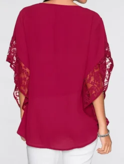 Best Women's Elegant Lace Tops Eyelet Blouse Casual Solid Color Regular Tops 3 4 Length Sleeve Crew Neck Lace Patchwork Regular Fit Daily Red Navy Blue Romantic Petite Tops Summer Holiday Wear Women Lace Tops