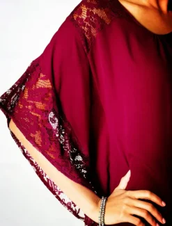 Best Women's Elegant Lace Tops Eyelet Blouse Casual Solid Color Regular Tops 3 4 Length Sleeve Crew Neck Lace Patchwork Regular Fit Daily Red Navy Blue Romantic Petite Tops Summer Holiday Wear Women Lace Tops