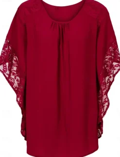 Best Women's Elegant Lace Tops Eyelet Blouse Casual Solid Color Regular Tops 3 4 Length Sleeve Crew Neck Lace Patchwork Regular Fit Daily Red Navy Blue Romantic Petite Tops Summer Holiday Wear Women Lace Tops