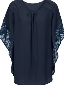 Best Women's Elegant Lace Tops Eyelet Blouse Casual Solid Color Regular Tops 3 4 Length Sleeve Crew Neck Lace Patchwork Regular Fit Daily Red Navy Blue Romantic Petite Tops Summer Holiday Wear Women Lace Tops