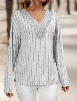 Clearance Women's Elegant Lace Tops Eyelet Blouse Casual Solid Color Regular Tops Long Sleeve V Neck Lace Regular Fit Daily Romantic Petite Tops Summer Holiday Wear Semi Formal Blouses Women Lace Tops