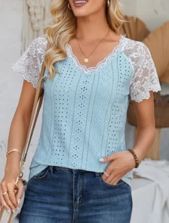 Outlet Women's Elegant Lace Tops Eyelet Blouse Fashion Modern Casual Plain Regular Tops Short Sleeve V Neck Eyelet Regular Fit Daily Weekend Romantic Petite Tops Summer Holiday Wear White Blue Summer Women Lace Tops