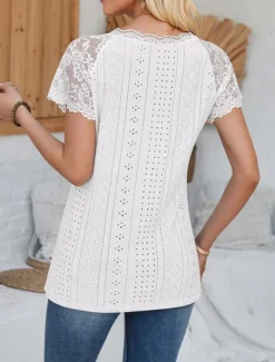 Outlet Women's Elegant Lace Tops Eyelet Blouse Fashion Modern Casual Plain Regular Tops Short Sleeve V Neck Eyelet Regular Fit Daily Weekend Romantic Petite Tops Summer Holiday Wear White Blue Summer Women Lace Tops