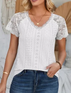 Outlet Women's Elegant Lace Tops Eyelet Blouse Fashion Modern Casual Plain Regular Tops Short Sleeve V Neck Eyelet Regular Fit Daily Weekend Romantic Petite Tops Summer Holiday Wear White Blue Summer Women Lace Tops