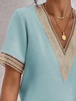 Online Women's Elegant Lace Tops Eyelet Blouse Lace Work Stylish Modern Short Sleeve Romantic Petite Tops Summer Holiday Wear Black Summer Spring Semi Formal Blouses Women Lace Tops