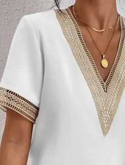 Online Women's Elegant Lace Tops Eyelet Blouse Lace Work Stylish Modern Short Sleeve Romantic Petite Tops Summer Holiday Wear Black Summer Spring Semi Formal Blouses Women Lace Tops