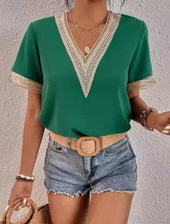 Online Women's Elegant Lace Tops Eyelet Blouse Lace Work Stylish Modern Short Sleeve Romantic Petite Tops Summer Holiday Wear Black Summer Spring Semi Formal Blouses Women Lace Tops
