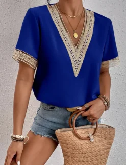 Online Women's Elegant Lace Tops Eyelet Blouse Lace Work Stylish Modern Short Sleeve Romantic Petite Tops Summer Holiday Wear Black Summer Spring Semi Formal Blouses Women Lace Tops