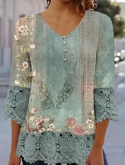 Online Women's Elegant Lace Tops Eyelet Blouse Casual Ombre Floral Lace Buttons 3 4 Length Sleeve Regular Tops V Neck Daily Romantic Petite Tops Summer Holiday Wear Black Pink Blue Green Spring Fall Women Lace Tops