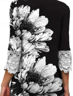 Online Women's Elegant Lace Tops Eyelet Blouse Casual Ombre Floral Lace Buttons 3 4 Length Sleeve Regular Tops V Neck Daily Romantic Petite Tops Summer Holiday Wear Black Pink Blue Green Spring Fall Women Lace Tops