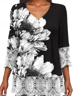Online Women's Elegant Lace Tops Eyelet Blouse Casual Ombre Floral Lace Buttons 3 4 Length Sleeve Regular Tops V Neck Daily Romantic Petite Tops Summer Holiday Wear Black Pink Blue Green Spring Fall Women Lace Tops