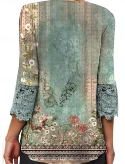 Online Women's Elegant Lace Tops Eyelet Blouse Casual Ombre Floral Lace Buttons 3 4 Length Sleeve Regular Tops V Neck Daily Romantic Petite Tops Summer Holiday Wear Black Pink Blue Green Spring Fall Women Lace Tops