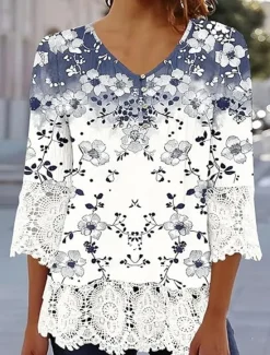 Online Women's Elegant Lace Tops Eyelet Blouse Casual Ombre Floral Lace Buttons 3 4 Length Sleeve Regular Tops V Neck Daily Romantic Petite Tops Summer Holiday Wear Black Pink Blue Green Spring Fall Women Lace Tops