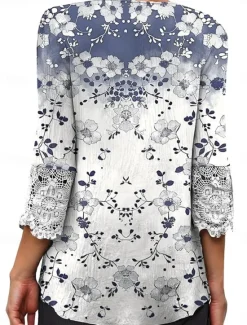 Online Women's Elegant Lace Tops Eyelet Blouse Casual Ombre Floral Lace Buttons 3 4 Length Sleeve Regular Tops V Neck Daily Romantic Petite Tops Summer Holiday Wear Black Pink Blue Green Spring Fall Women Lace Tops