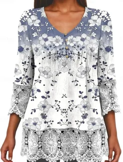 Online Women's Elegant Lace Tops Eyelet Blouse Casual Ombre Floral Lace Buttons 3 4 Length Sleeve Regular Tops V Neck Daily Romantic Petite Tops Summer Holiday Wear Black Pink Blue Green Spring Fall Women Lace Tops