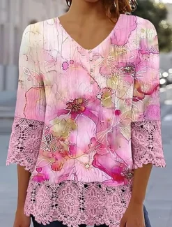 Online Women's Elegant Lace Tops Eyelet Blouse Casual Ombre Floral Lace Buttons 3 4 Length Sleeve Regular Tops V Neck Daily Romantic Petite Tops Summer Holiday Wear Black Pink Blue Green Spring Fall Women Lace Tops
