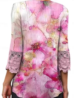 Online Women's Elegant Lace Tops Eyelet Blouse Casual Ombre Floral Lace Buttons 3 4 Length Sleeve Regular Tops V Neck Daily Romantic Petite Tops Summer Holiday Wear Black Pink Blue Green Spring Fall Women Lace Tops
