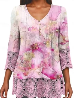 Online Women's Elegant Lace Tops Eyelet Blouse Casual Ombre Floral Lace Buttons 3 4 Length Sleeve Regular Tops V Neck Daily Romantic Petite Tops Summer Holiday Wear Black Pink Blue Green Spring Fall Women Lace Tops