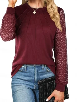 Sale Women's Elegant Lace Tops Eyelet Blouse Casual Solid Color Regular Tops Long Sleeve V Neck Lace Patchwork Regular Fit Daily Black Wine Romantic Petite Tops Summer Holiday Wear Women Lace Tops
