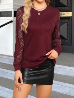 Sale Women's Elegant Lace Tops Eyelet Blouse Casual Solid Color Regular Tops Long Sleeve V Neck Lace Patchwork Regular Fit Daily Black Wine Romantic Petite Tops Summer Holiday Wear Women Lace Tops