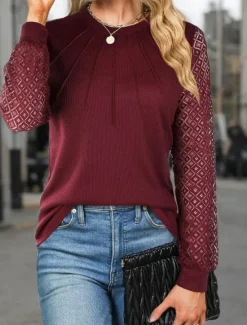 Sale Women's Elegant Lace Tops Eyelet Blouse Casual Solid Color Regular Tops Long Sleeve V Neck Lace Patchwork Regular Fit Daily Black Wine Romantic Petite Tops Summer Holiday Wear Women Lace Tops
