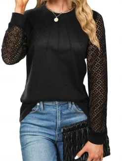 Sale Women's Elegant Lace Tops Eyelet Blouse Casual Solid Color Regular Tops Long Sleeve V Neck Lace Patchwork Regular Fit Daily Black Wine Romantic Petite Tops Summer Holiday Wear Women Lace Tops