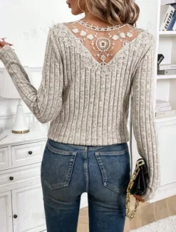 Discount Women's Elegant Lace Tops Eyelet Blouse Fashion Modern Casual Plain Regular Tops Long Sleeve V Neck Regular Fit Daily Weekend Romantic Petite Tops Summer Holiday Wear Black Light Grey Beige Fall Women Lace Tops