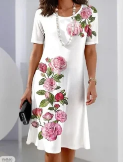 Women's Elegant Midi Dress T Shirt Dress Tee Dress Shift Dress Party Evening Casual Formal Daily Regular Fit Floral Abstract Short Sleeve Crew Neck White Pink Light Brown Spring Women Casual Dress|T Shirt Dresses