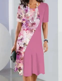 Women's Elegant Midi Dress T Shirt Dress Tee Dress Shift Dress Party Evening Casual Formal Daily Regular Fit Floral Abstract Short Sleeve Crew Neck White Pink Light Brown Spring Women Casual Dress|T Shirt Dresses