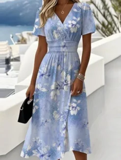 Hot Women's Elegant Midi Dress A Line Dress Wrap Dress V Neck Short Sleeve Going out Regular Fit Floral Graphic Pink Blue Purple Green Women Casual Dress|Floral Dresses