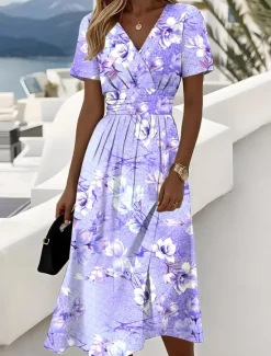Hot Women's Elegant Midi Dress A Line Dress Wrap Dress V Neck Short Sleeve Going out Regular Fit Floral Graphic Pink Blue Purple Green Women Casual Dress|Floral Dresses