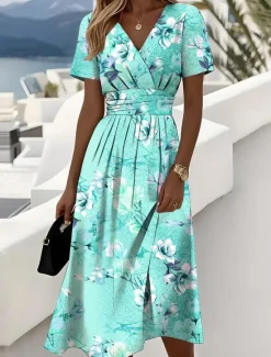 Hot Women's Elegant Midi Dress A Line Dress Wrap Dress V Neck Short Sleeve Going out Regular Fit Floral Graphic Pink Blue Purple Green Women Casual Dress|Floral Dresses